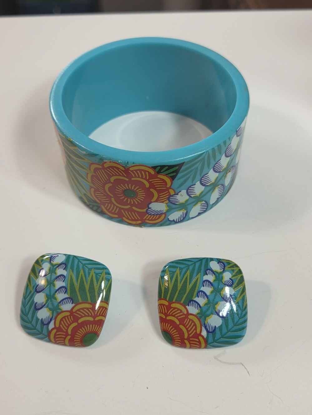 Tropical Bangle Bracelet Pierced Earring Floral Turquoise Pink Set Summer Beachy